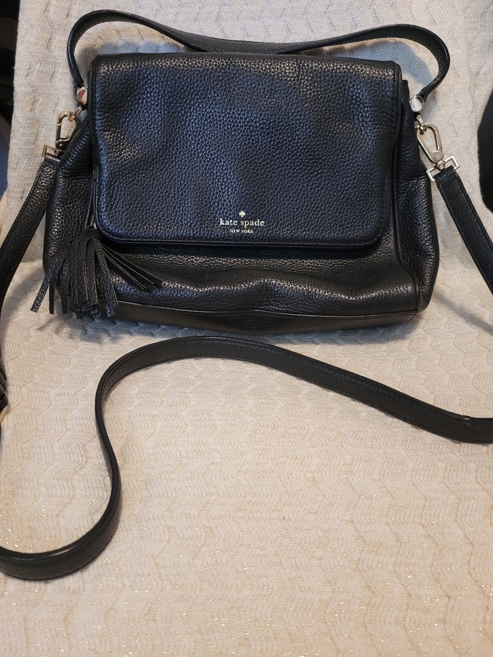 kate spade Black Pebbled Leather Shoulder Bag with Tassel